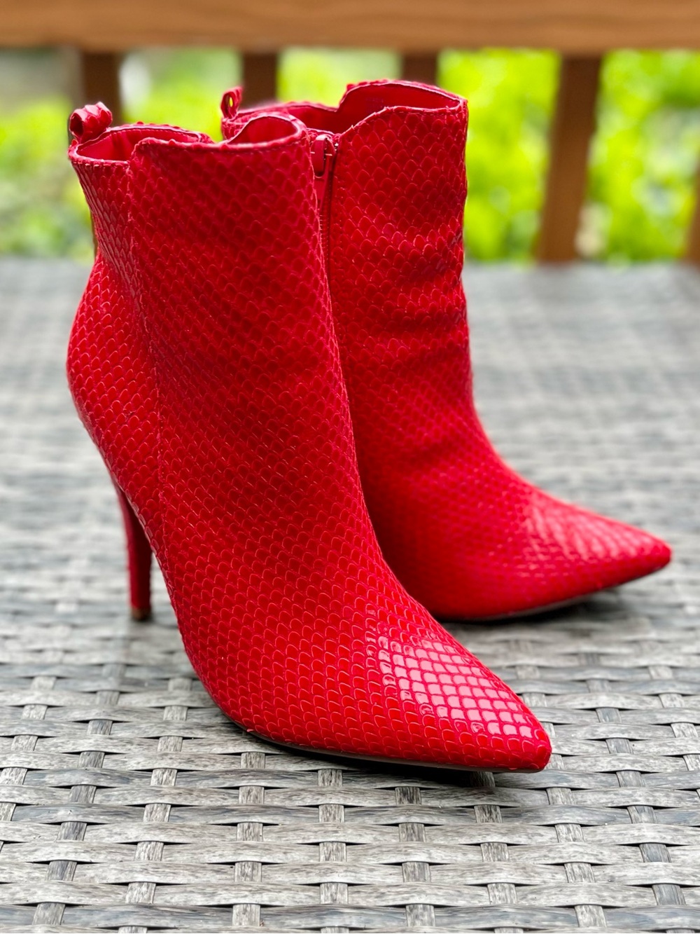 NWOT JustFab Red Textured Pointed-Toe Stiletto Ankle Boots